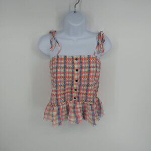 True Craft Women's Smocked Peplum Tank Top Plaid Ruffle Hem XL NWT $40